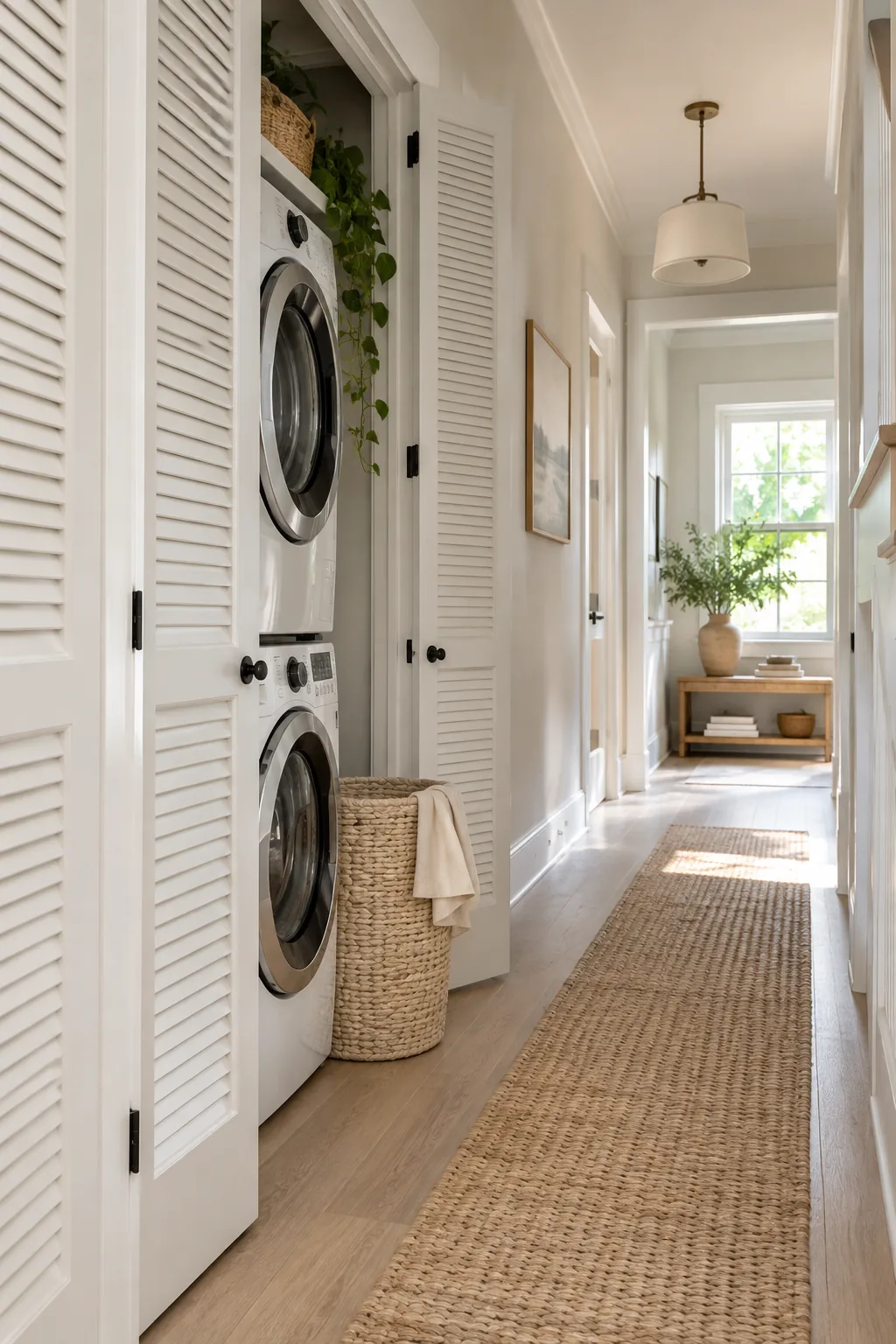 White louvered bi-fold doors partially open to reveal stacked laundry machines