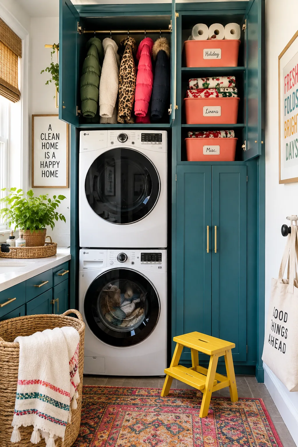 Deep upper cabinet installed directly above a stacked washer and dryer