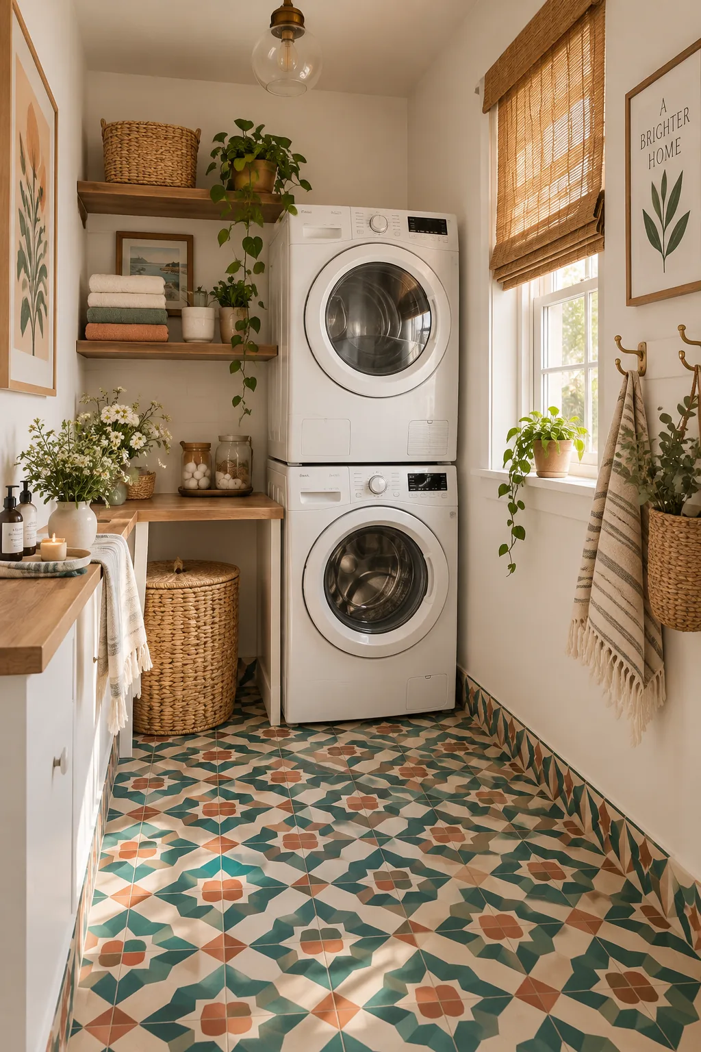 Black and white geometric cement tile floor in a small laundry room