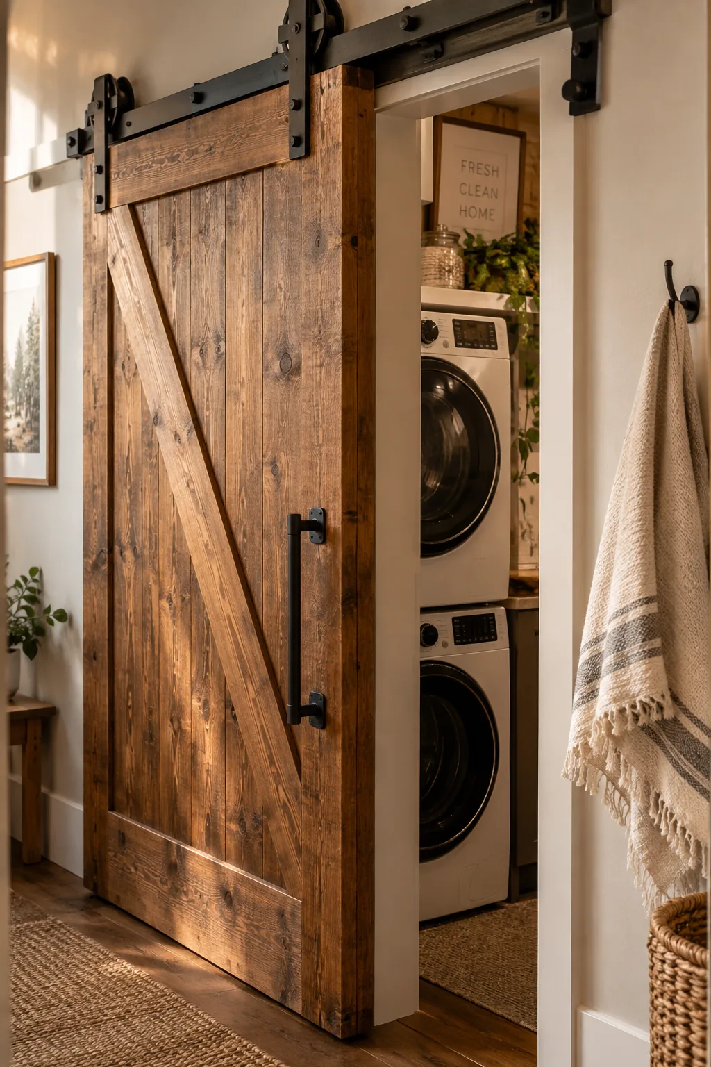 Solid wood sliding barn door covering a laundry closet