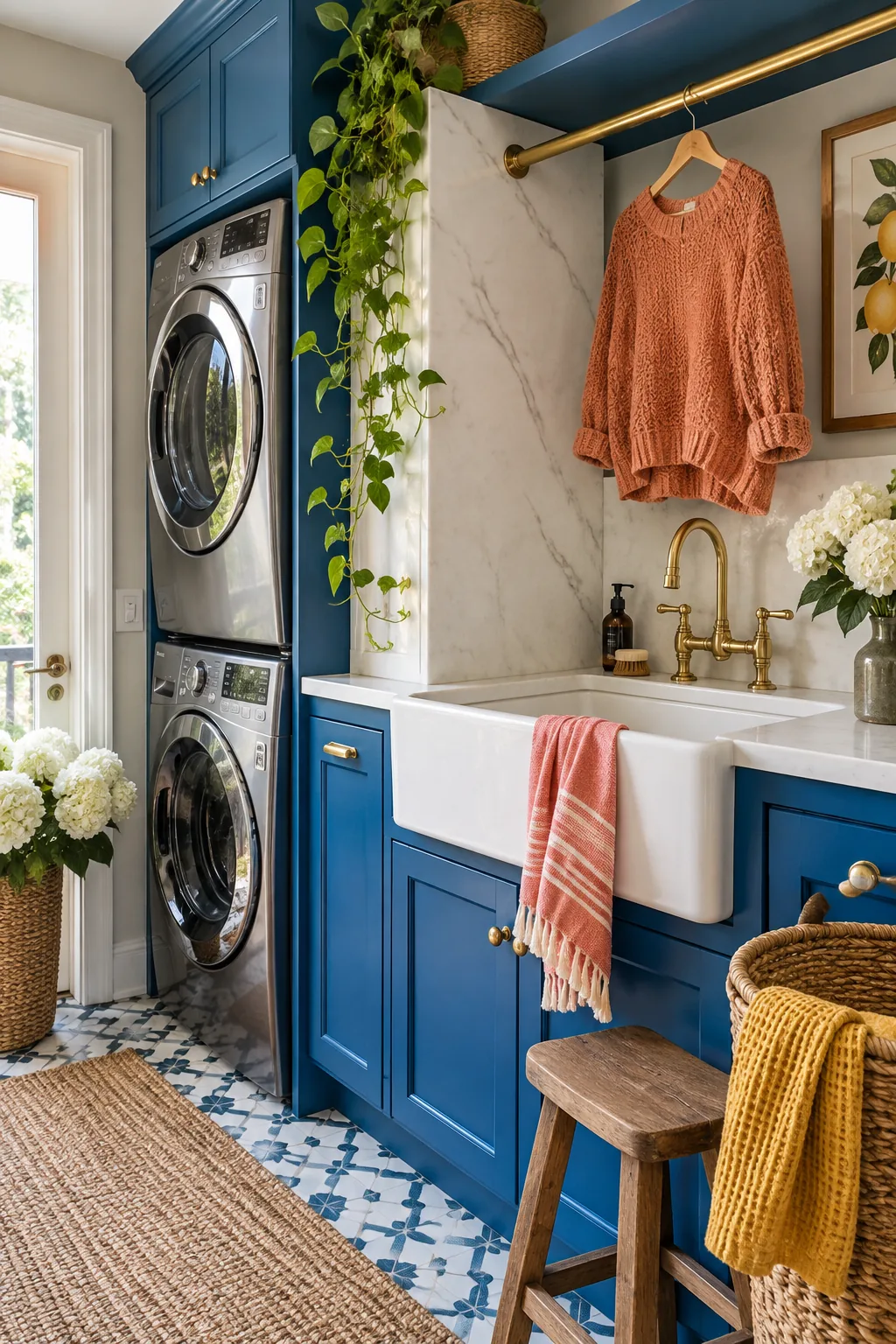 Stacked washer and dryer installed right next to a white utility sink