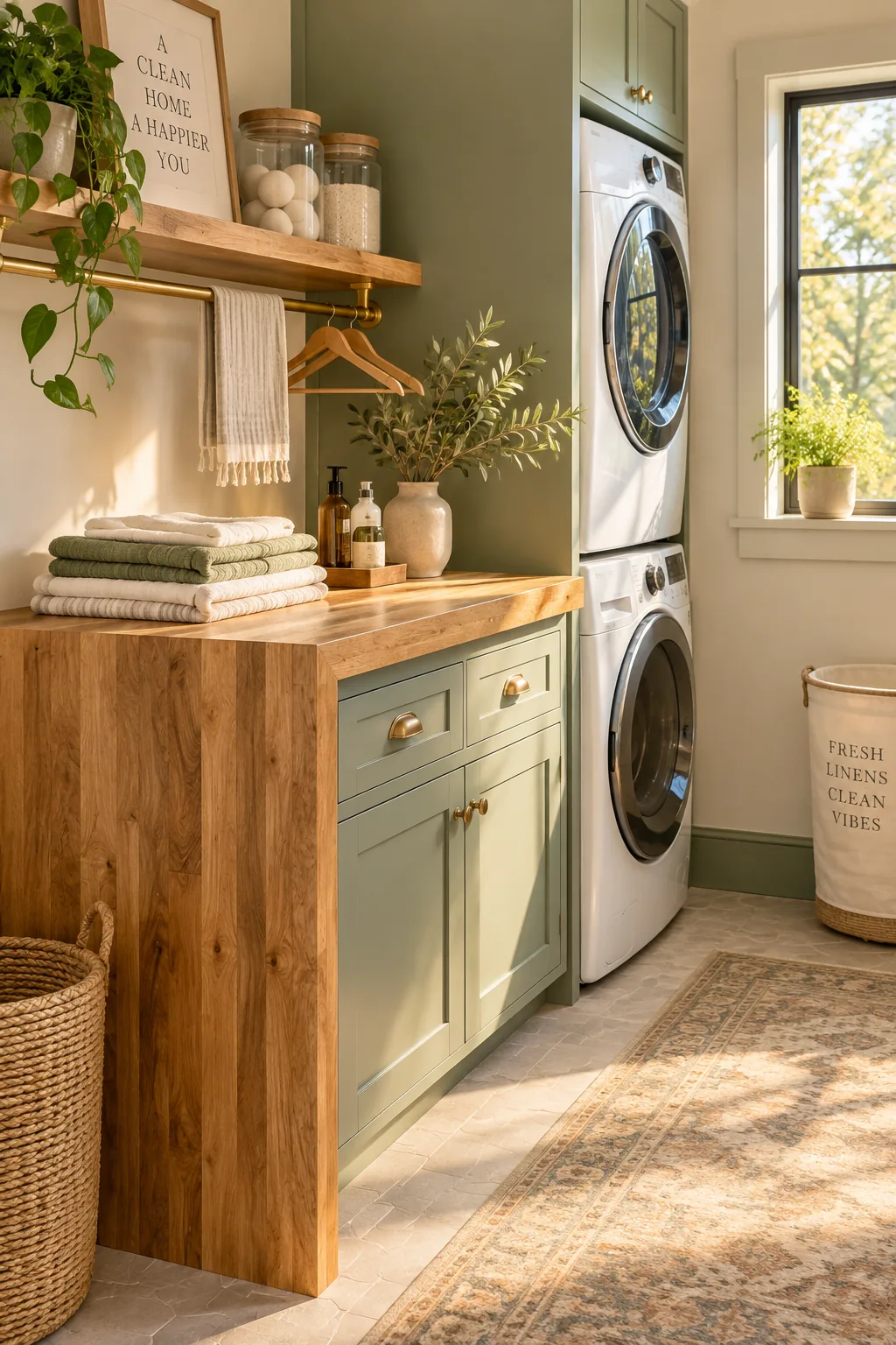 Butcher block waterfall countertop dropping down beside a stacked washer