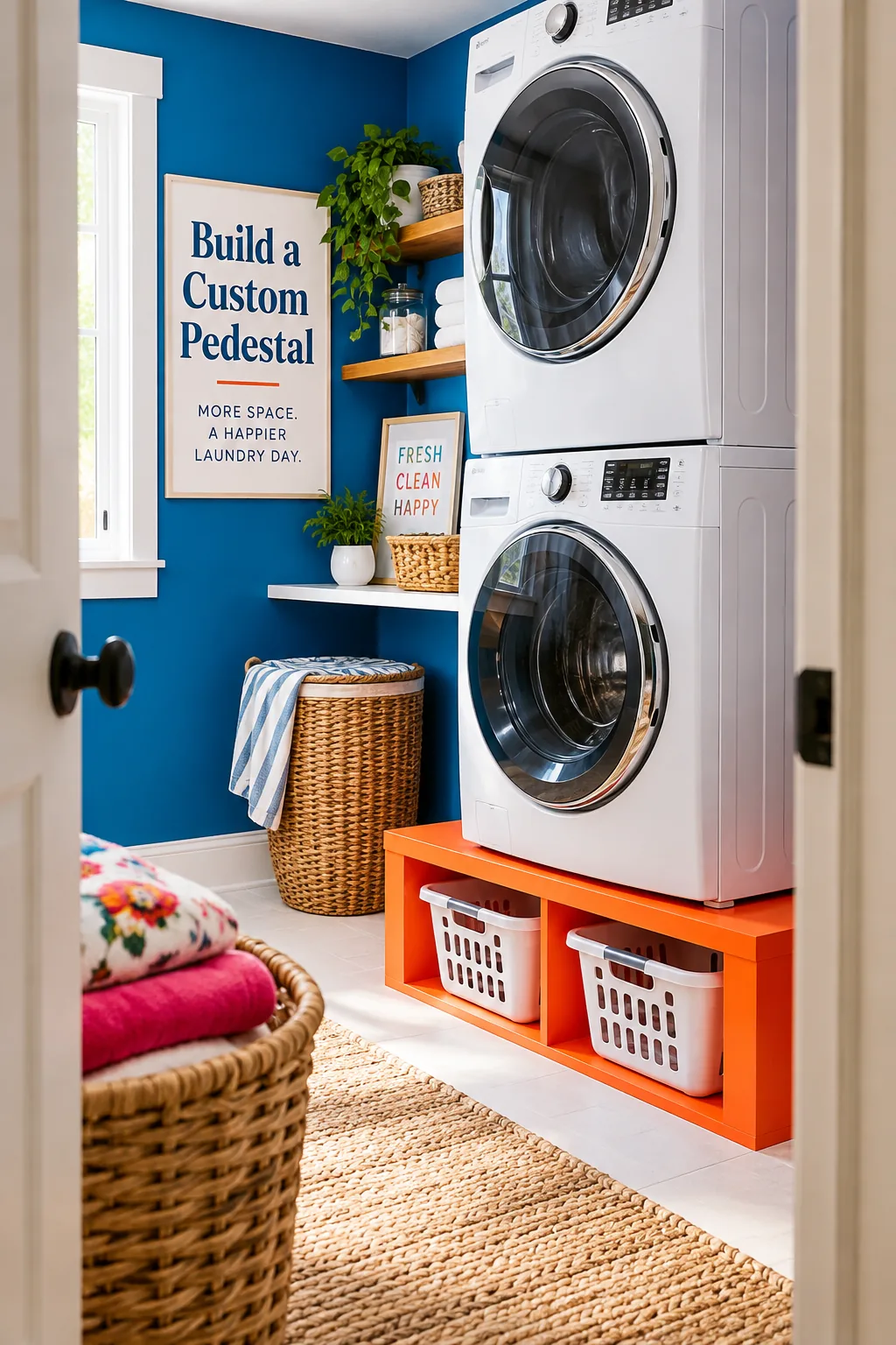 Stacked washer and dryer sitting on a wooden pedestal with laundry baskets underneath