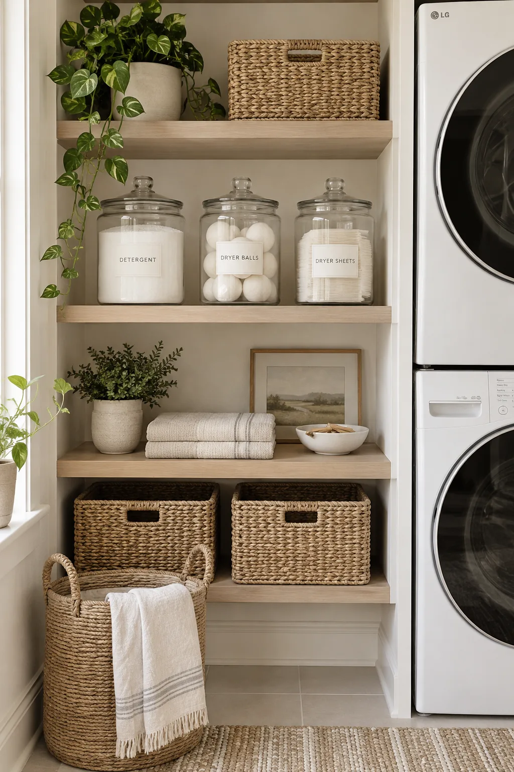 Glass jars filled with laundry powder and pods on wooden shelves