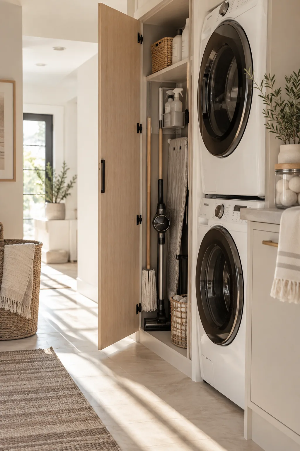 Tall narrow broom closet built next to a stacked washer and dryer