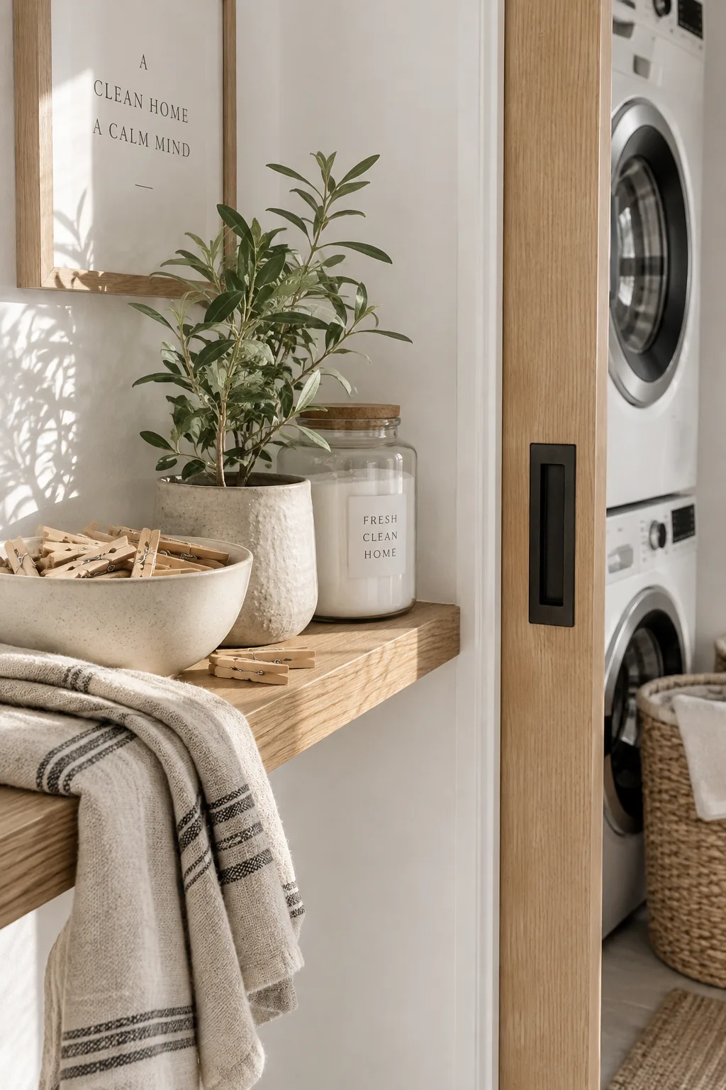 Pocket door sliding into the wall beside a laundry closet