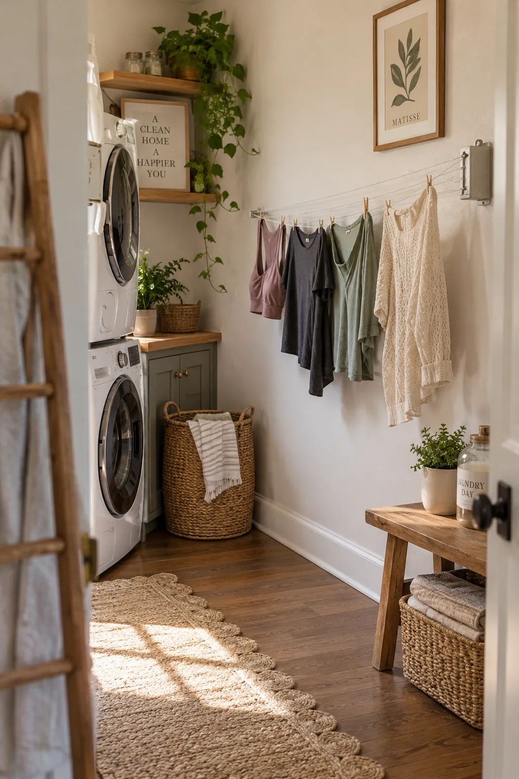 Retractable clothesline pulled across a small laundry room