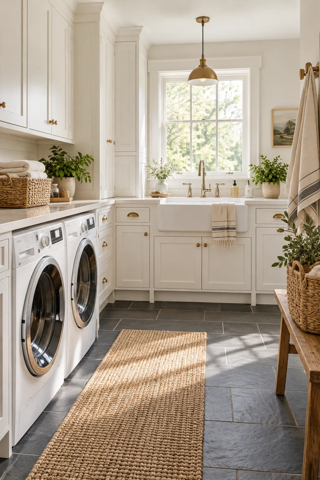 A modern farmhouse laundry room with white shaker cabinets and a slate floor.