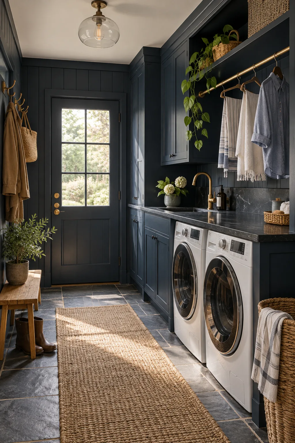 A moody laundry room with navy blue cabinets and a soapstone counter.