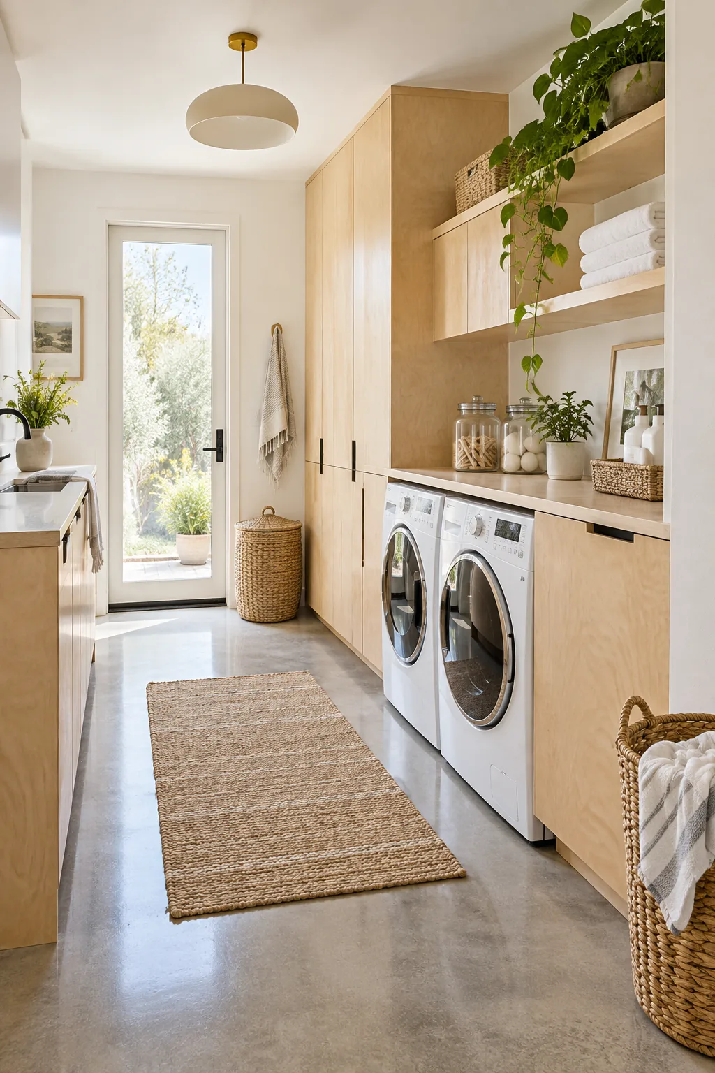 A minimalist laundry room featuring birch plywood cabinets and a concrete floor.