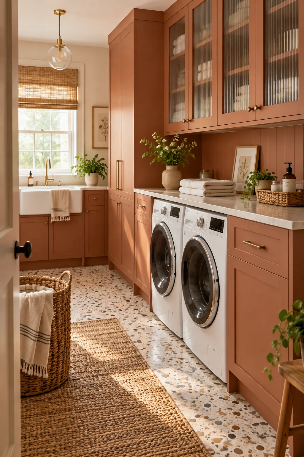 A warm laundry room with clay-colored cabinets and a terrazzo floor.