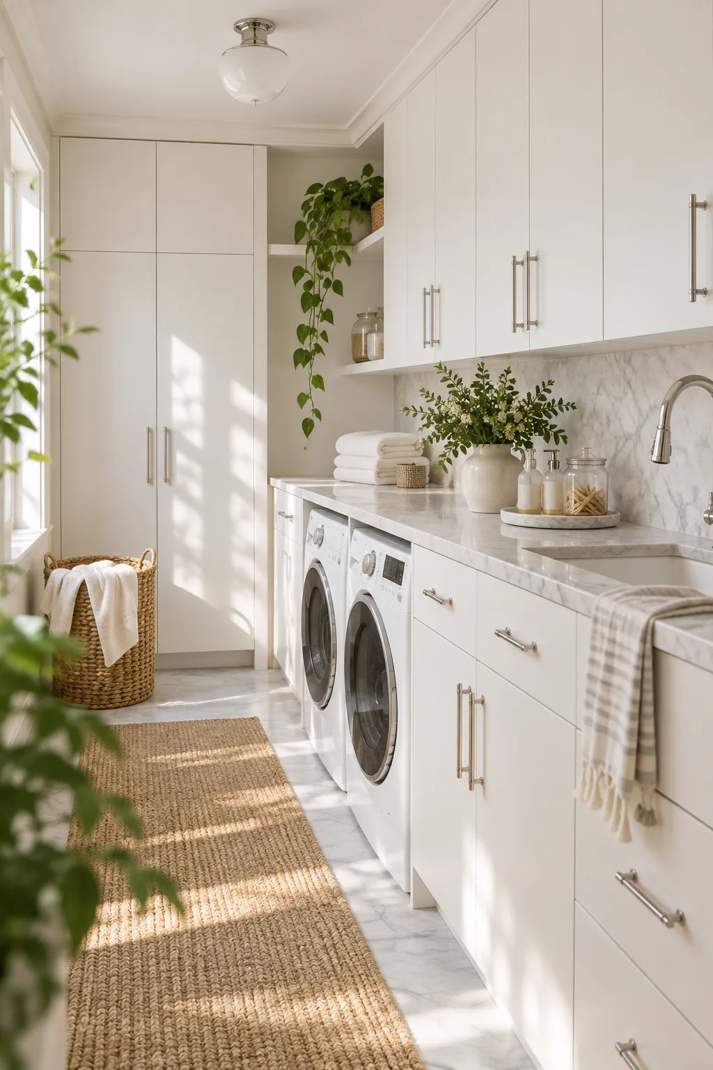 An all-white laundry room with slab cabinets and a marble counter.