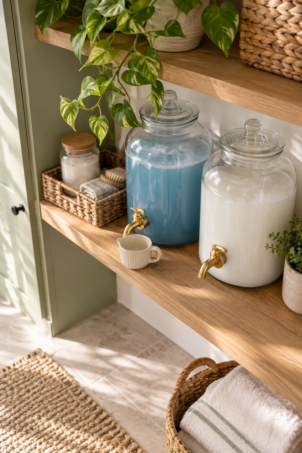 Two glass beverage dispensers used for liquid laundry detergent on a wooden shelf.