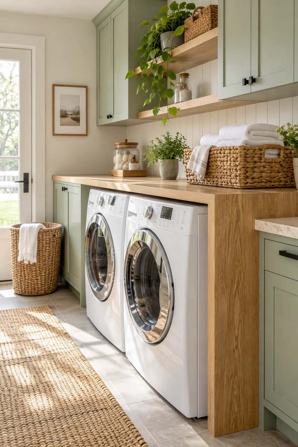 A continuous oak wood waterfall counter installed over white front-load washer and dryer machines.