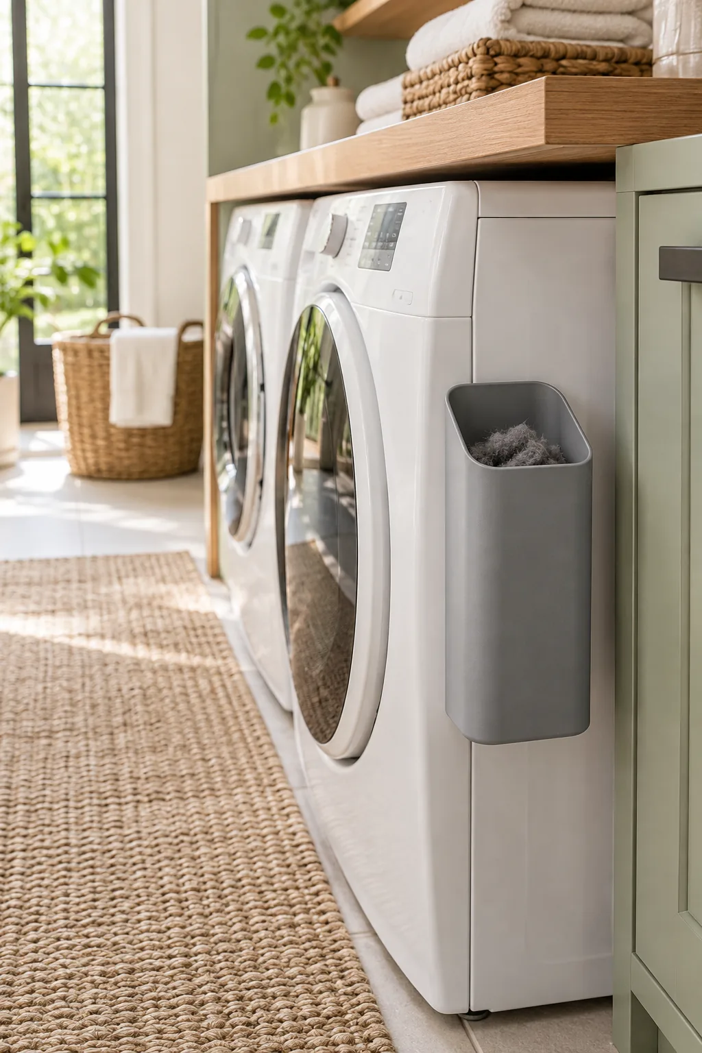 A slim grey magnetic lint bin attached to the side of a white dryer.