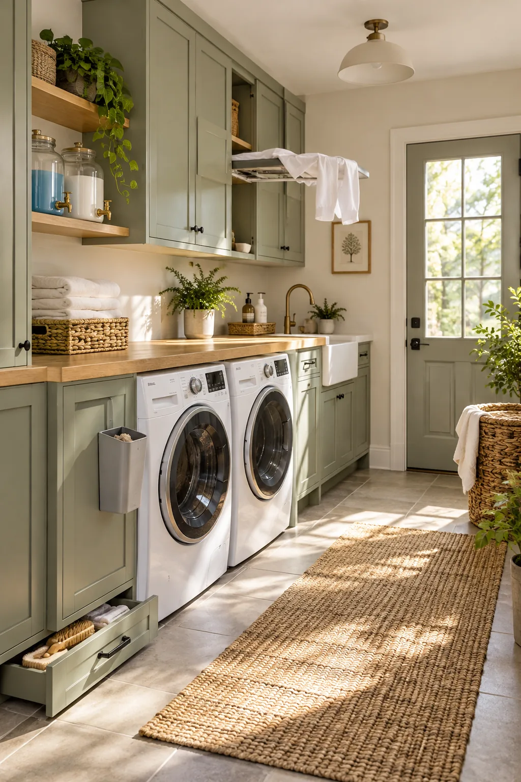Flush alignment between white laundry appliances, sage green cabinets, and a wood counter.