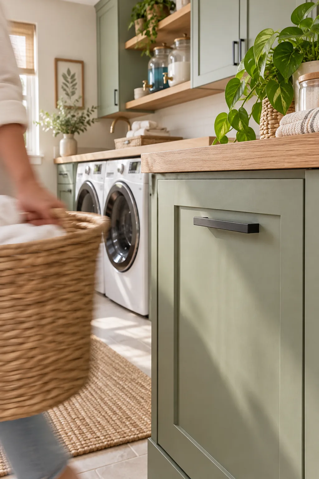 A matte black drawer pull on a sage green cabinet door with a laundry basket in the foreground.