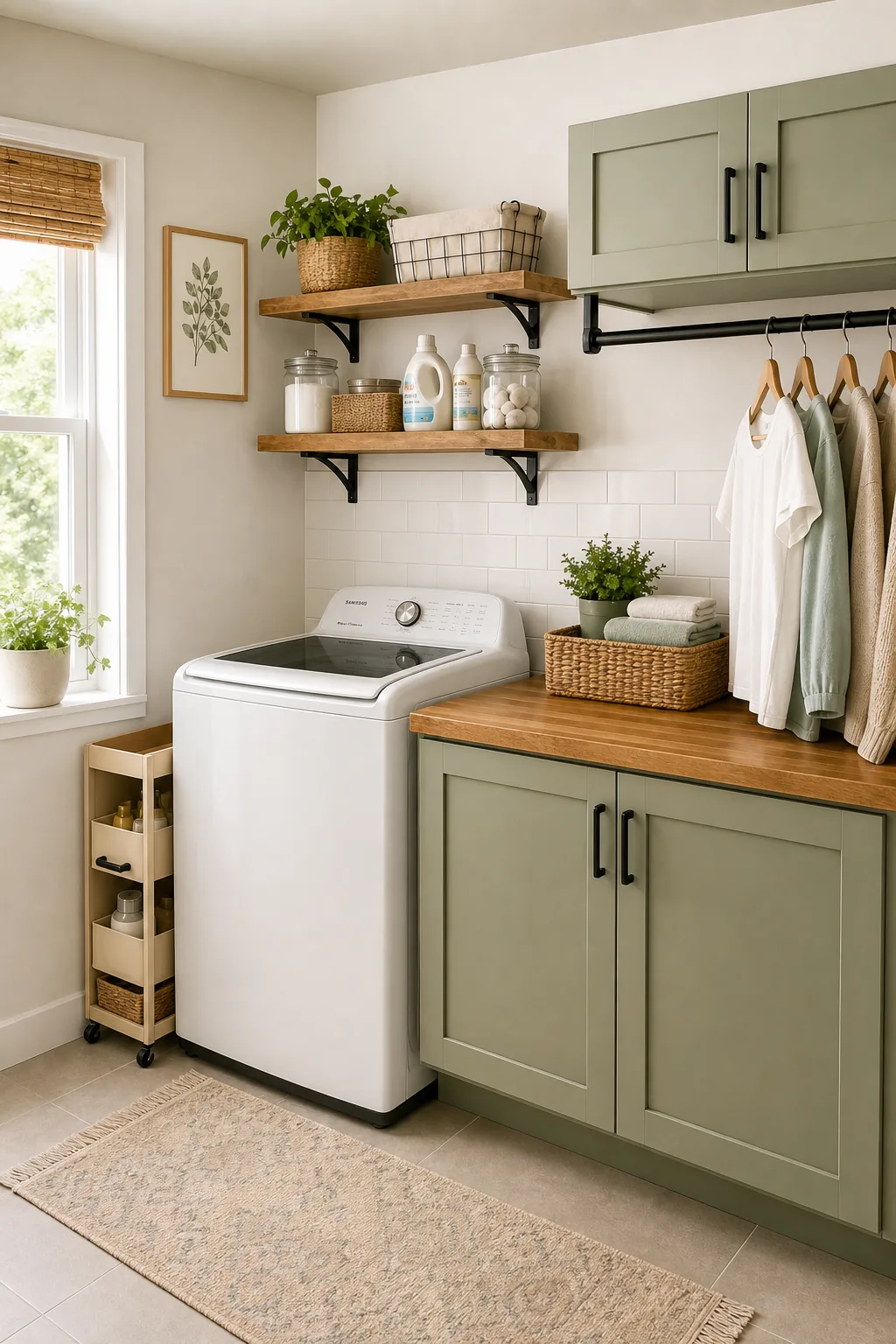 Wide view of a laundry room featuring a top-loading washer, adjacent wood folding counter, and open shelving.