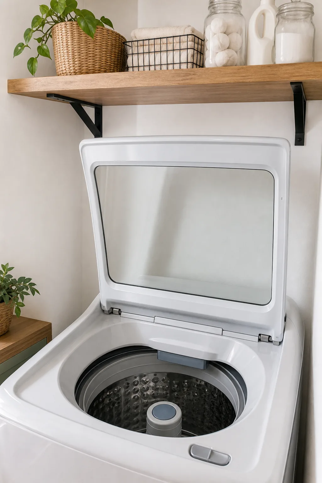Close-up of a fully open top-loader washing machine lid with clearance space below a wooden shelf.