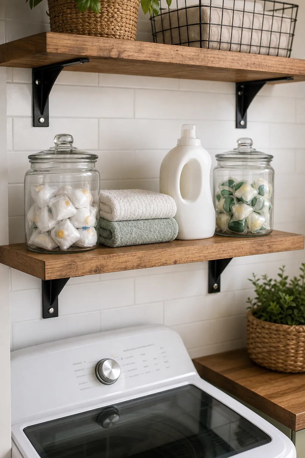 Wooden floating shelves on a white subway tile wall, styled with glass jars and laundry supplies.
