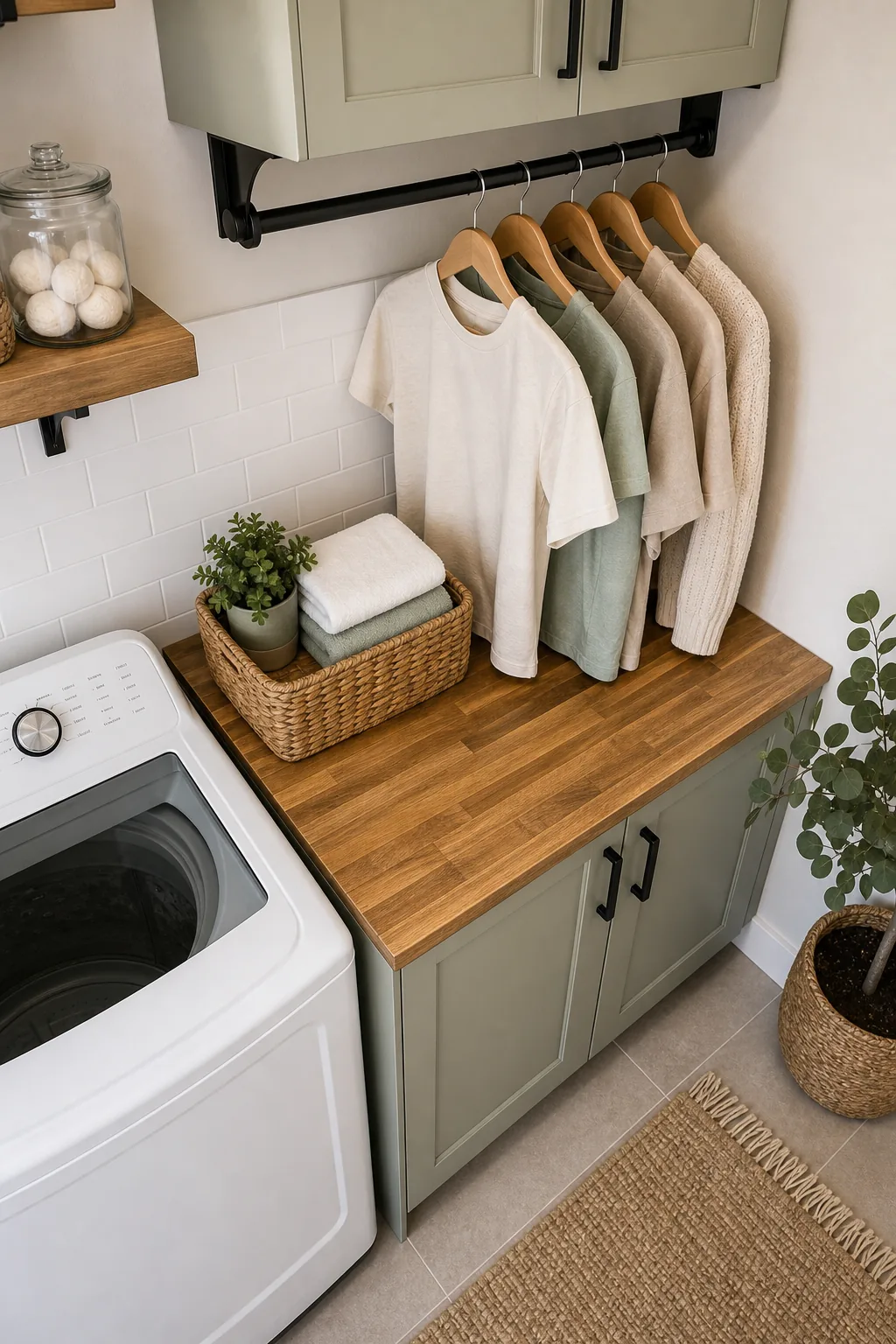 Overhead view of a wooden butcher block folding counter next to a white washing machine, holding a basket of towels.