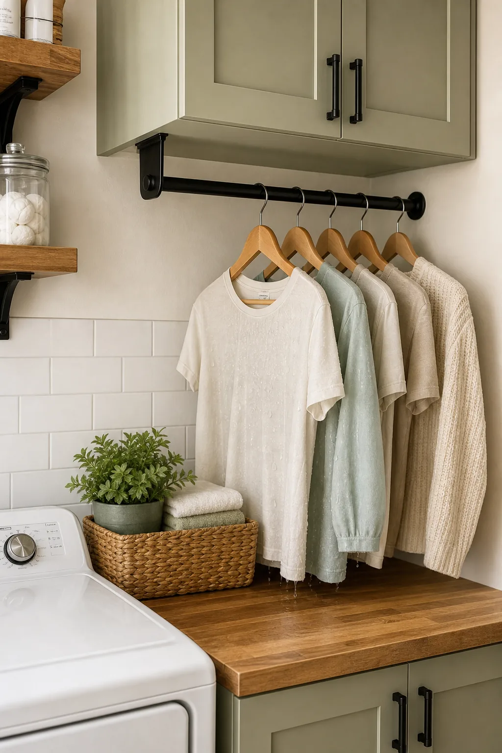 Black metal hanging rod beneath sage green cabinets, holding shirts on wooden hangers above a counter.