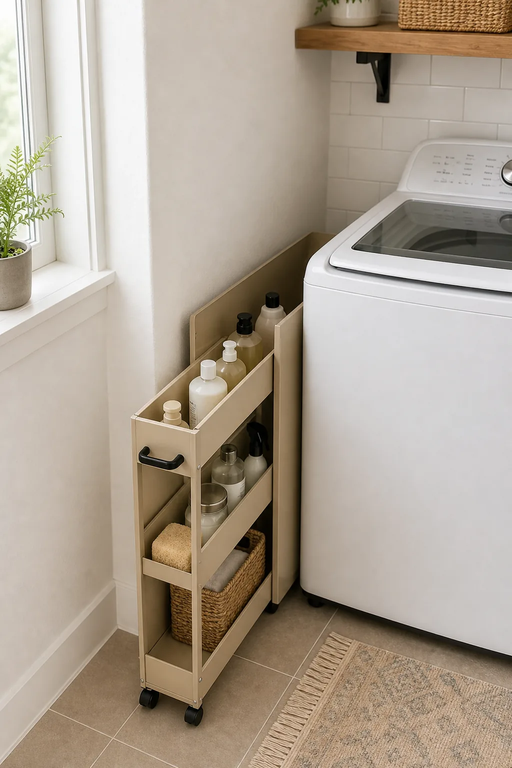 A narrow rolling storage cart pulled out from the gap between a washing machine and the wall.