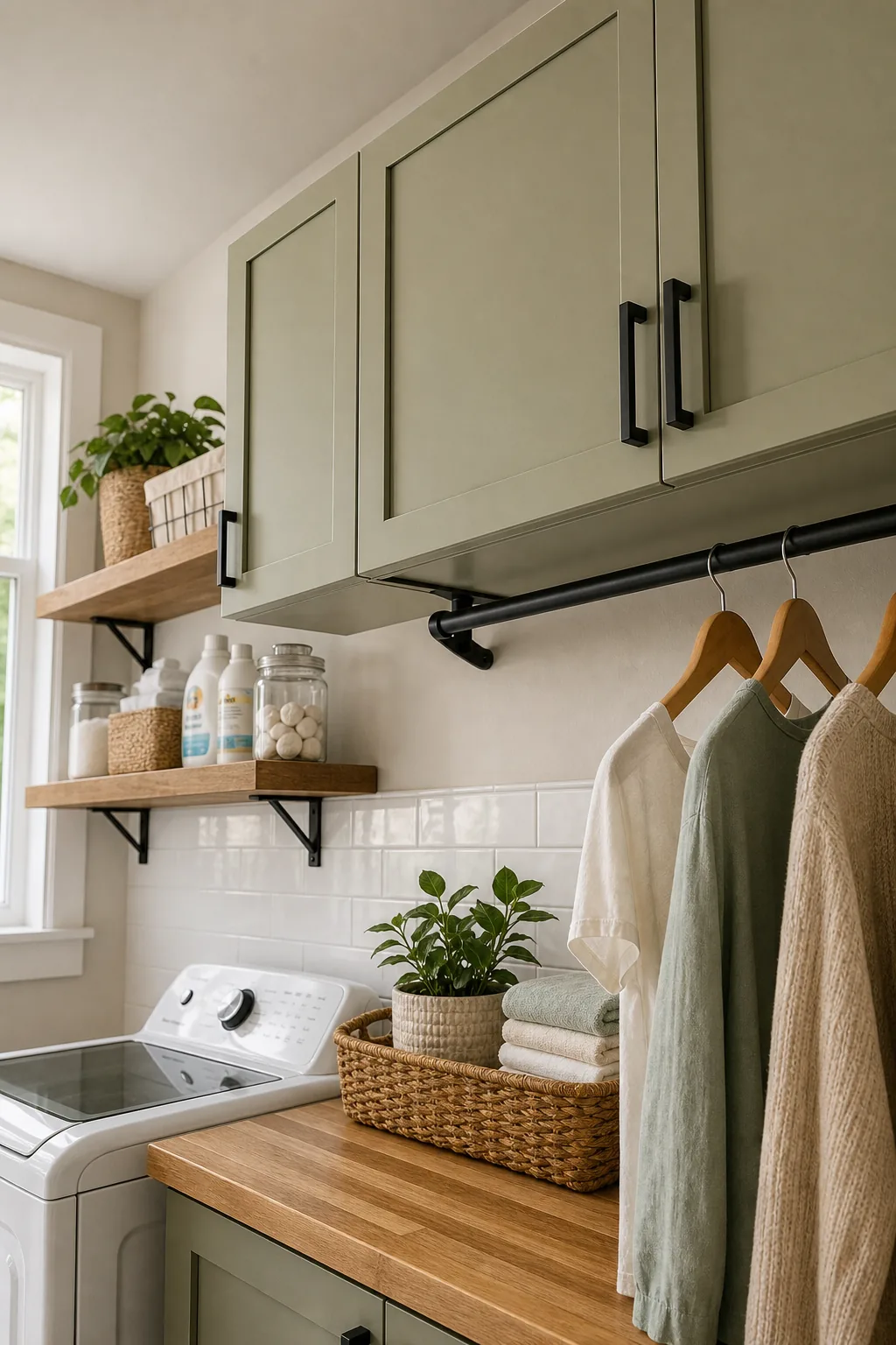 Closed sage green upper cabinets with black hardware mounted above a white subway tile backsplash.