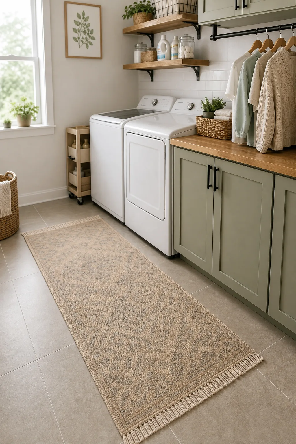 Beige floor tiles and a woven runner rug in front of a washing machine and green cabinets.