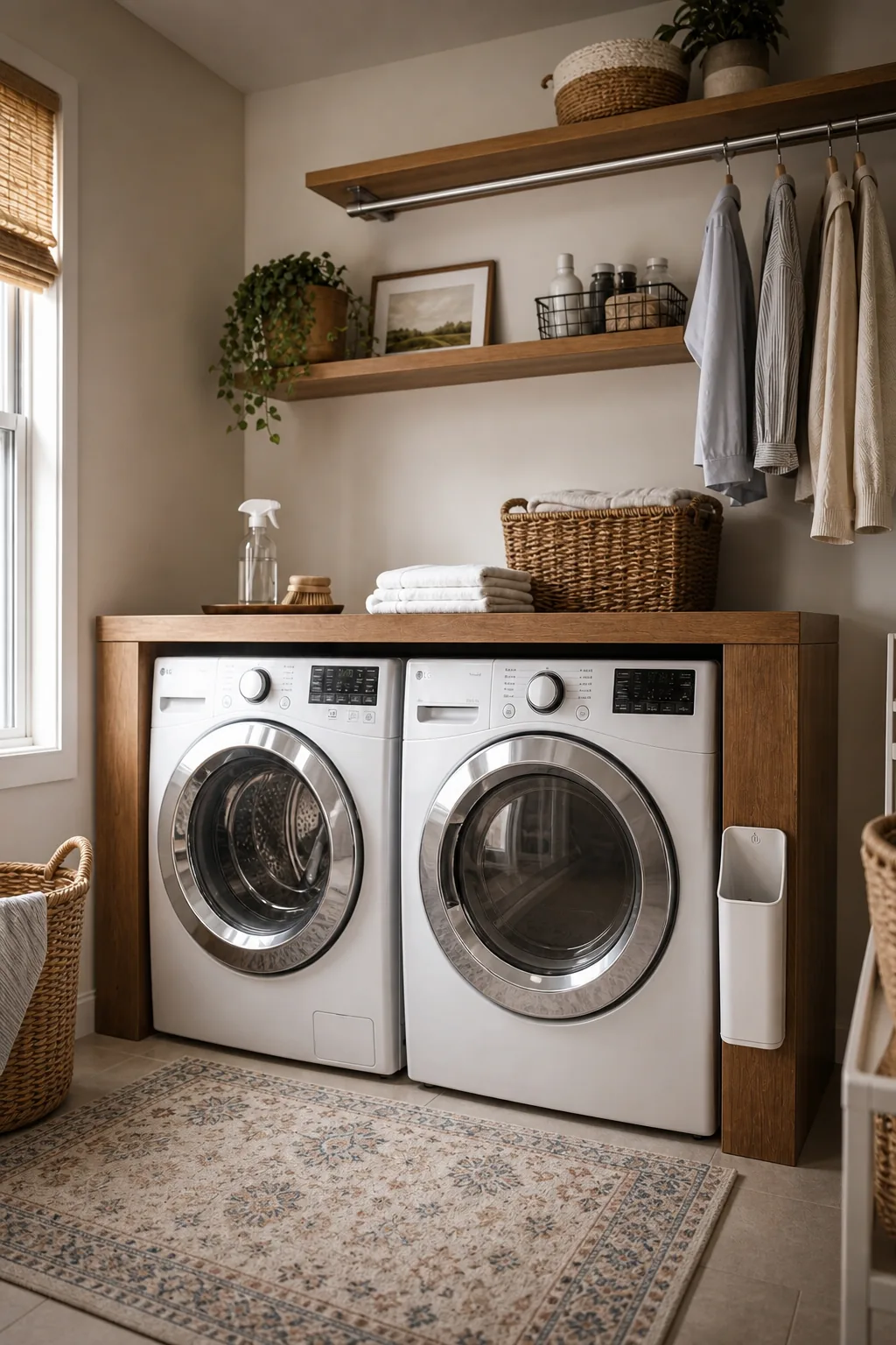 Two white front-loading washing machines framed by a wooden waterfall structure.