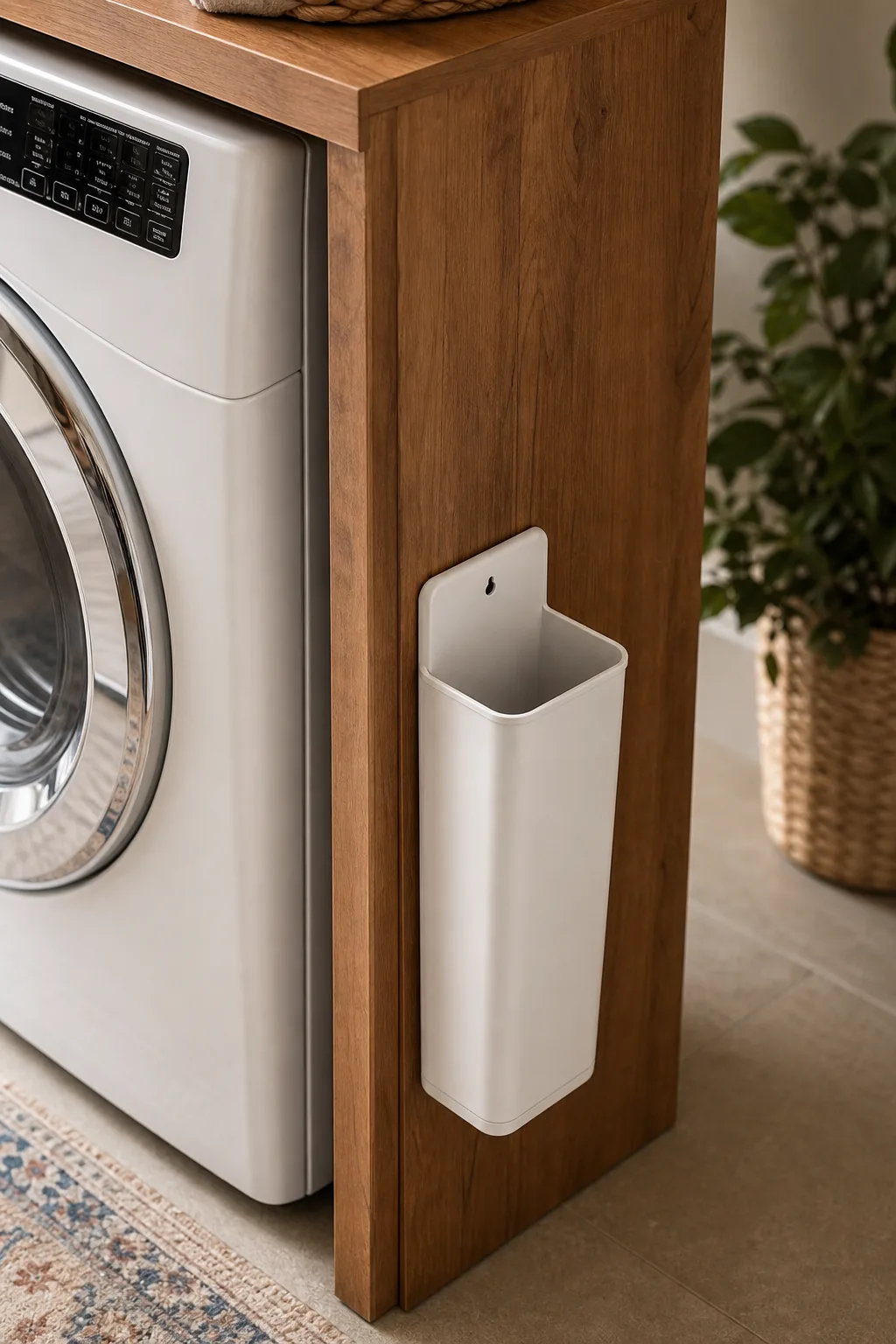 Slim white magnetic lint bin attached to the side panel of a dryer.