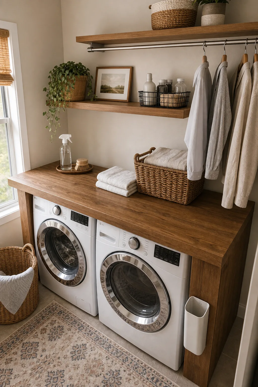Deep wooden countertop spanning continuously across a side-by-side washer and dryer.