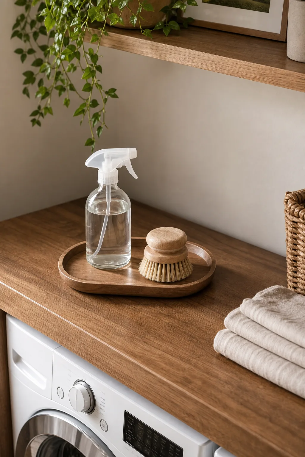 Small wooden tray holding a glass spray bottle and bristle brush on a counter.