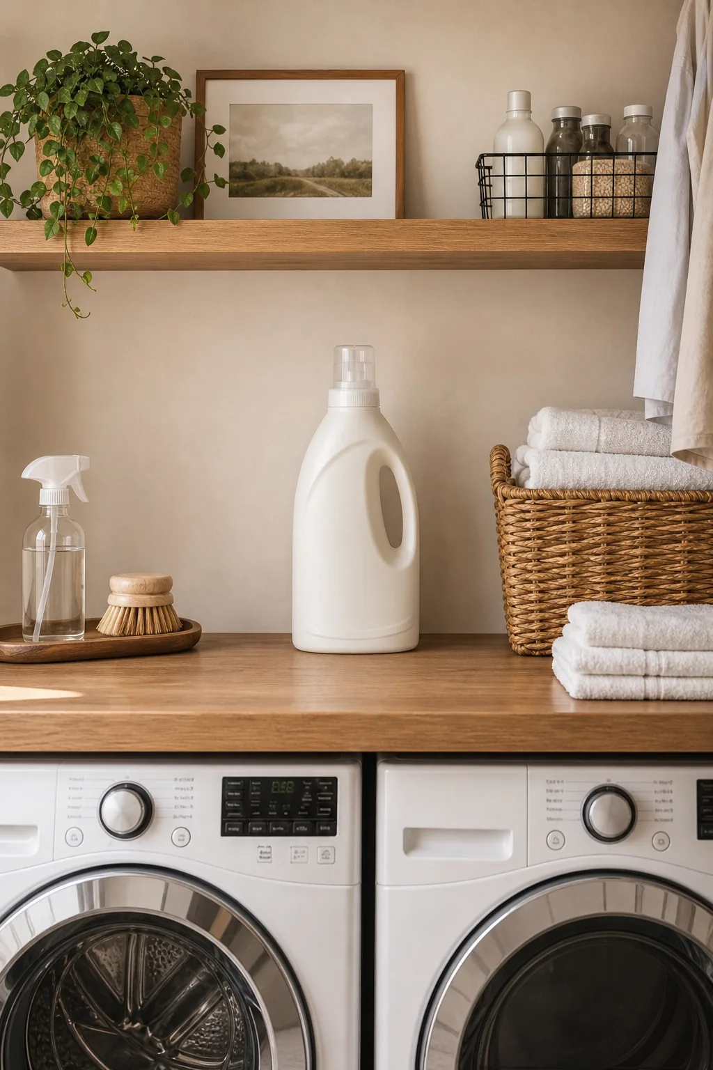 Vertical wall space showing the gap between a wood counter and floating shelf.
