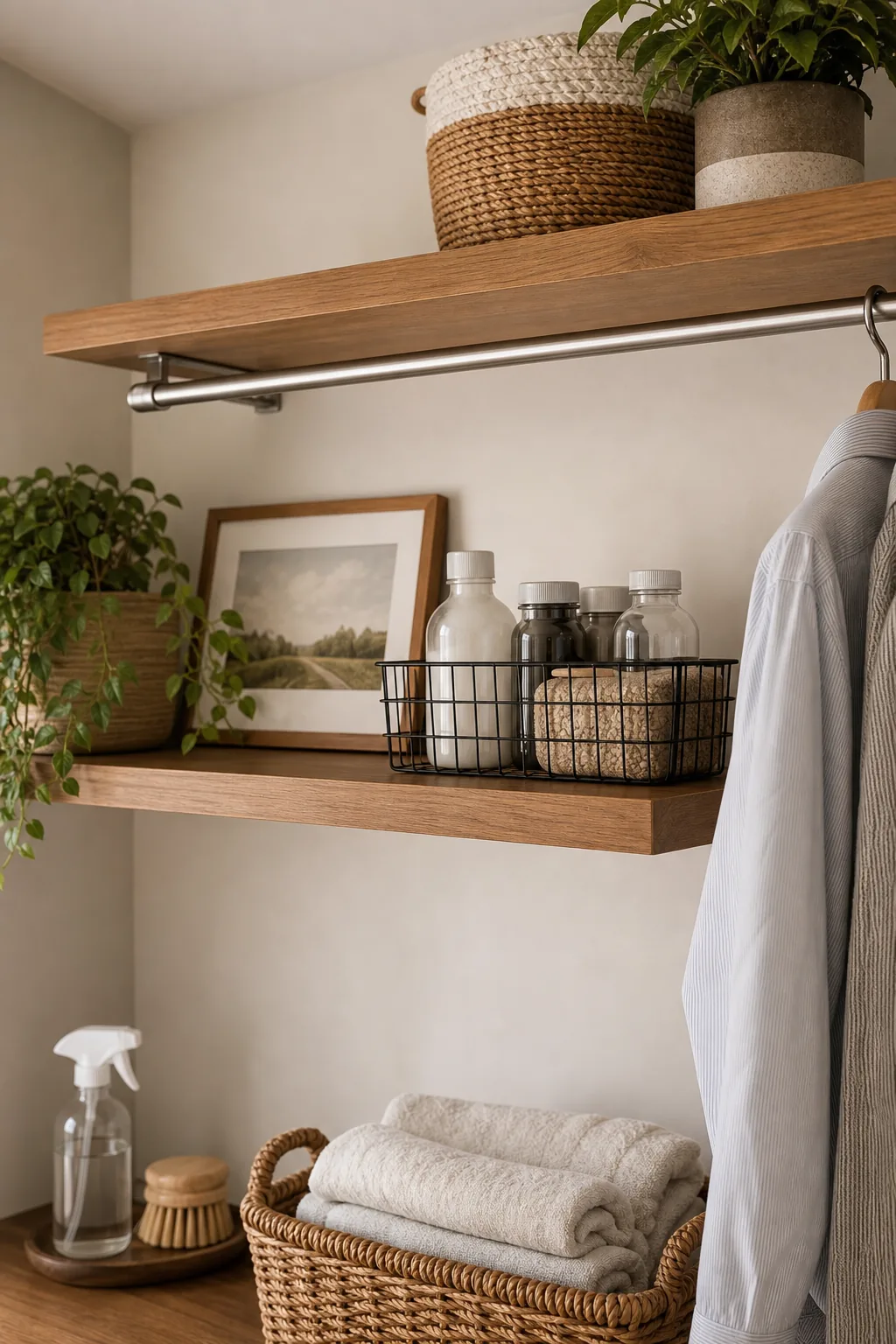 Wooden floating shelf holding a wire basket of jars and a potted plant.