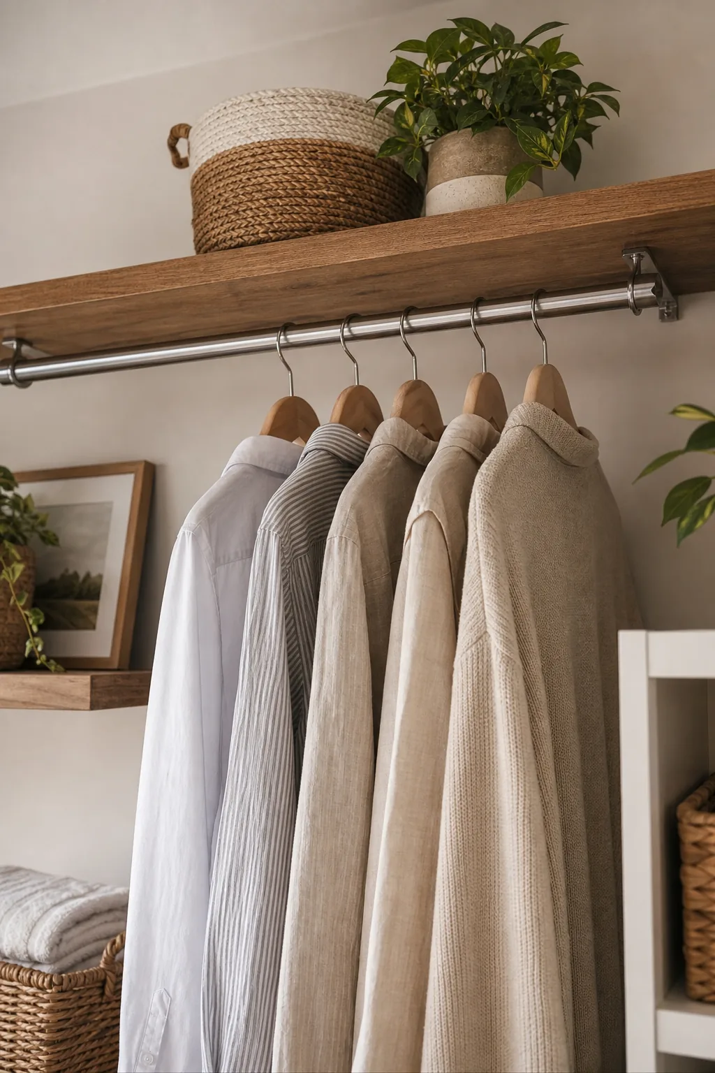 Metal hanging rod installed beneath a wood shelf with several shirts hanging.