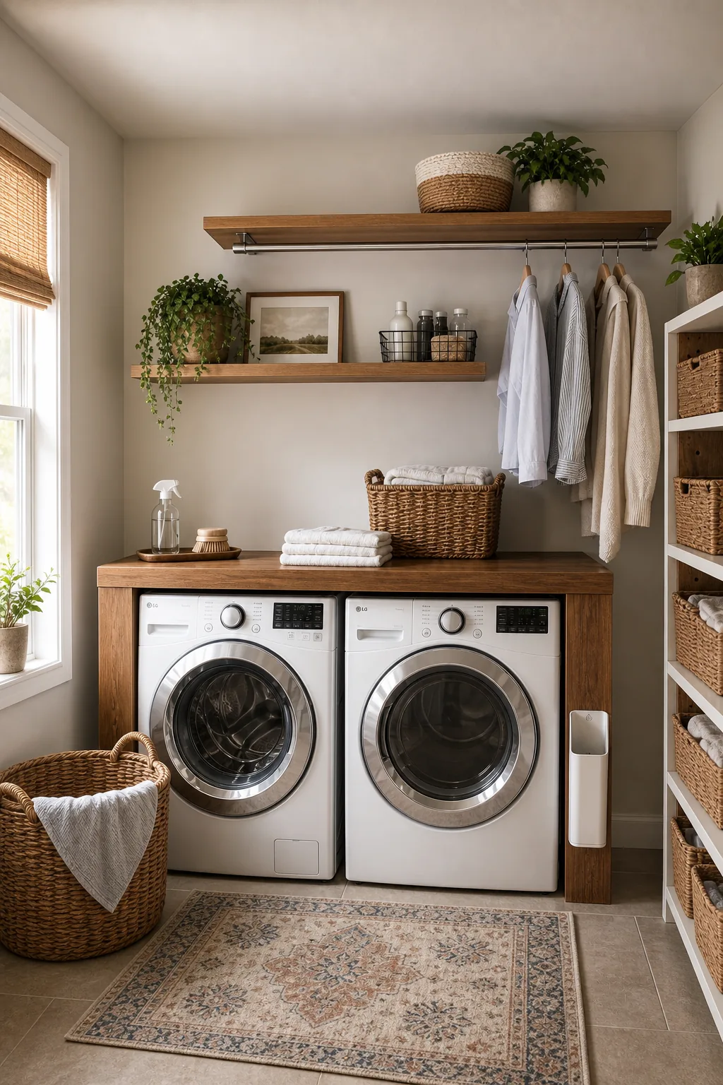 Complete vertical view of a laundry room wall with machines, counter, and shelves.