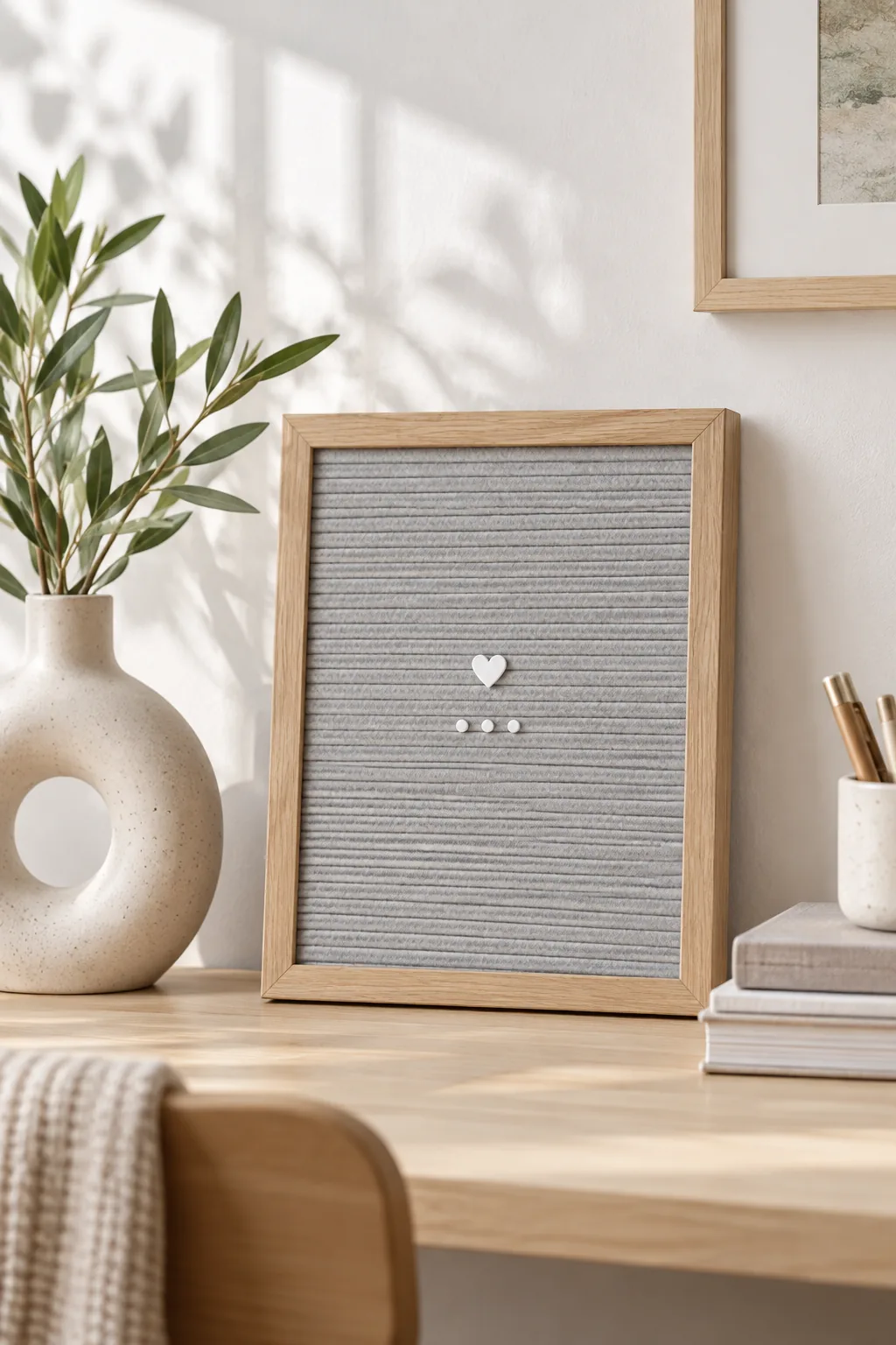 Minimalist light grey letter board with white text on a birch desk