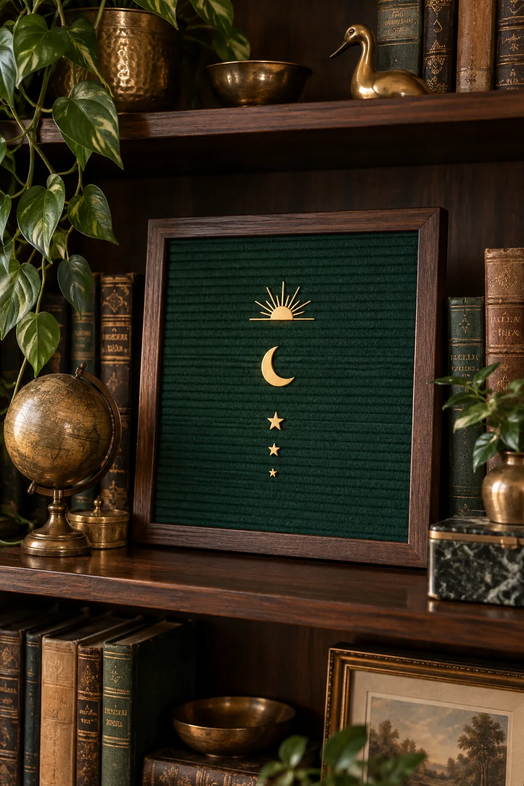 Emerald green letter board with gold text on a dark bookshelf