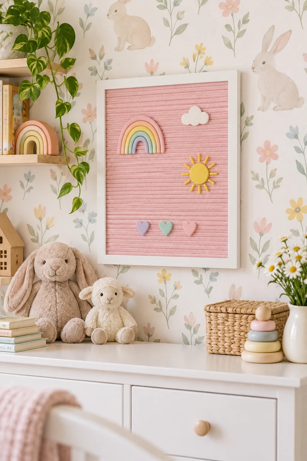 Blush pink letter board with pastel text in a nursery