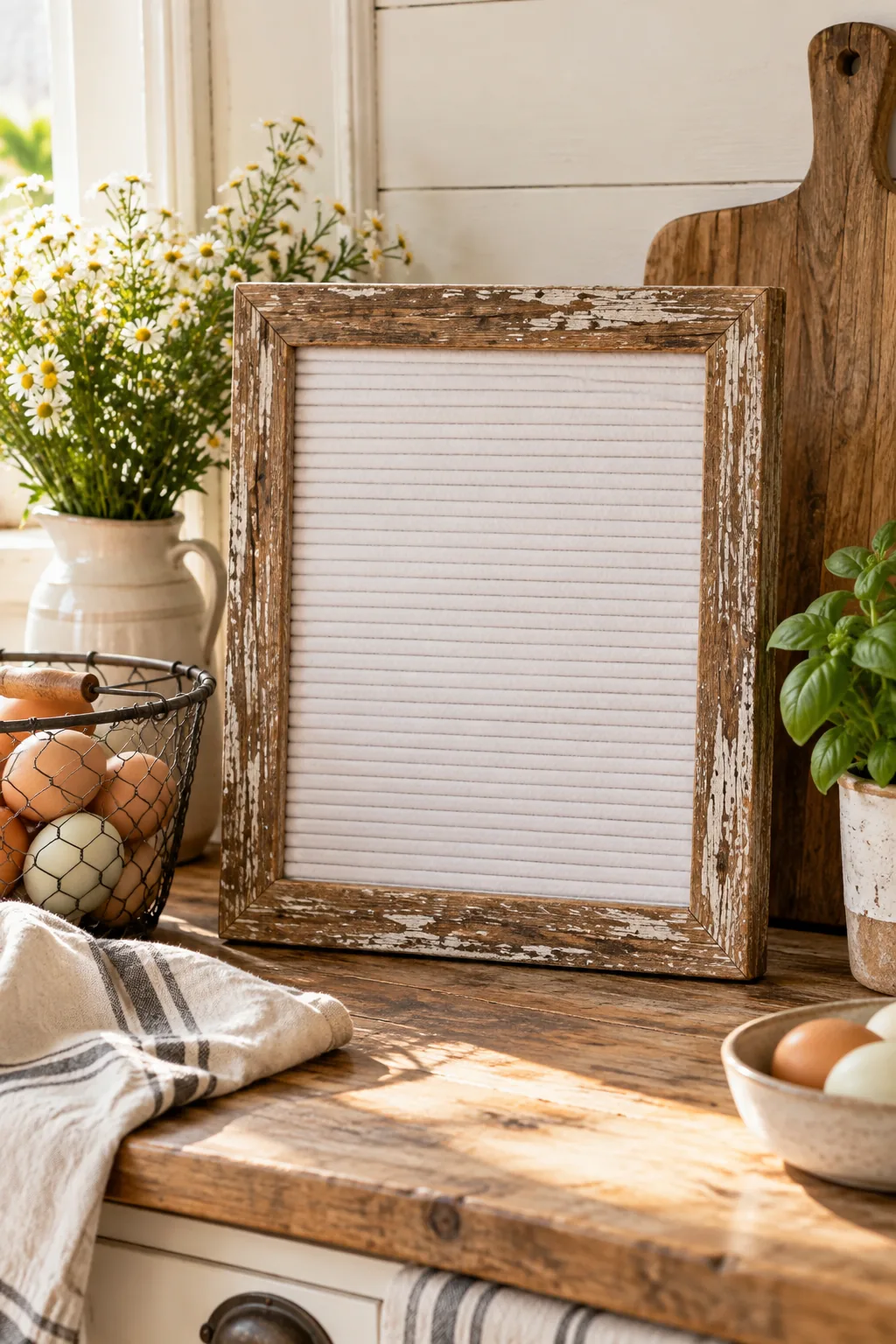 White felt letter board with black text in a rustic kitchen