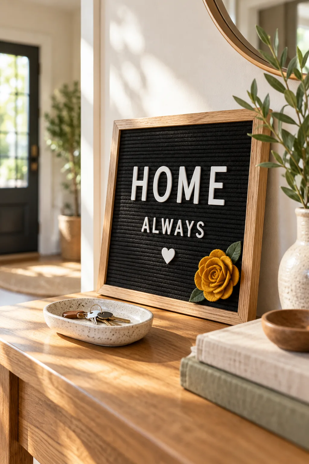 Mustard yellow felt flower tucked into the corner of a black letter board
