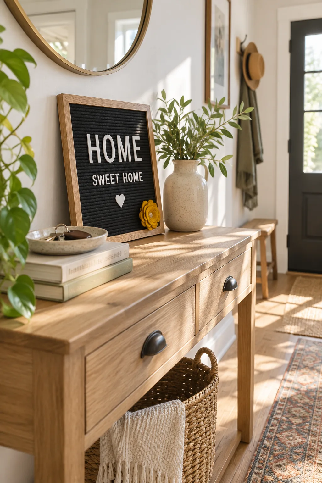 Styled letter board leaning on an entryway console behind a key dish and books