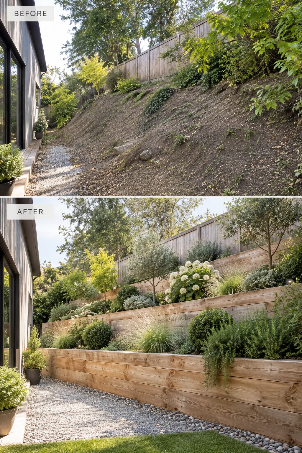 Backyard slope divided into three flat garden terraces using heavy wooden landscaping timbers