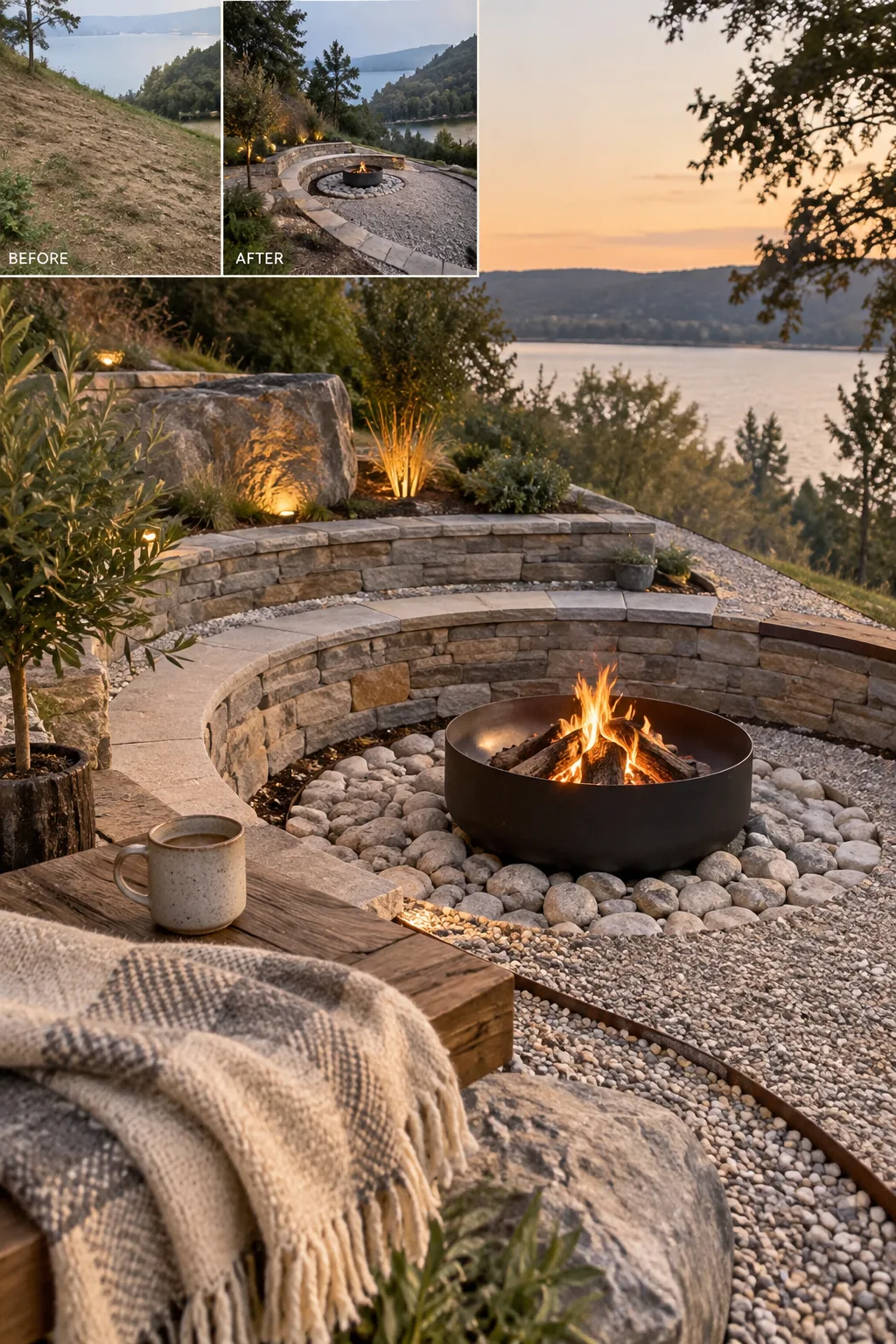 Circular flat fire pit area dug into a sloped backyard with a gravel base and stone seating