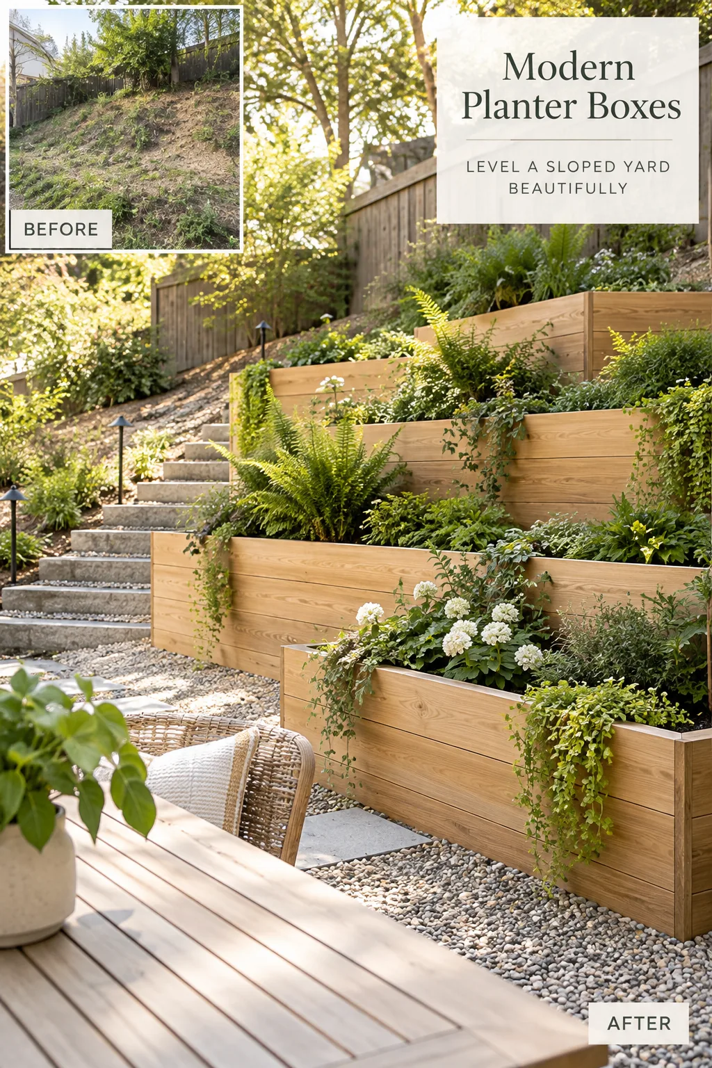 Sleek wooden planter boxes built into a hillside, creating flat tiers filled with ornamental grasses