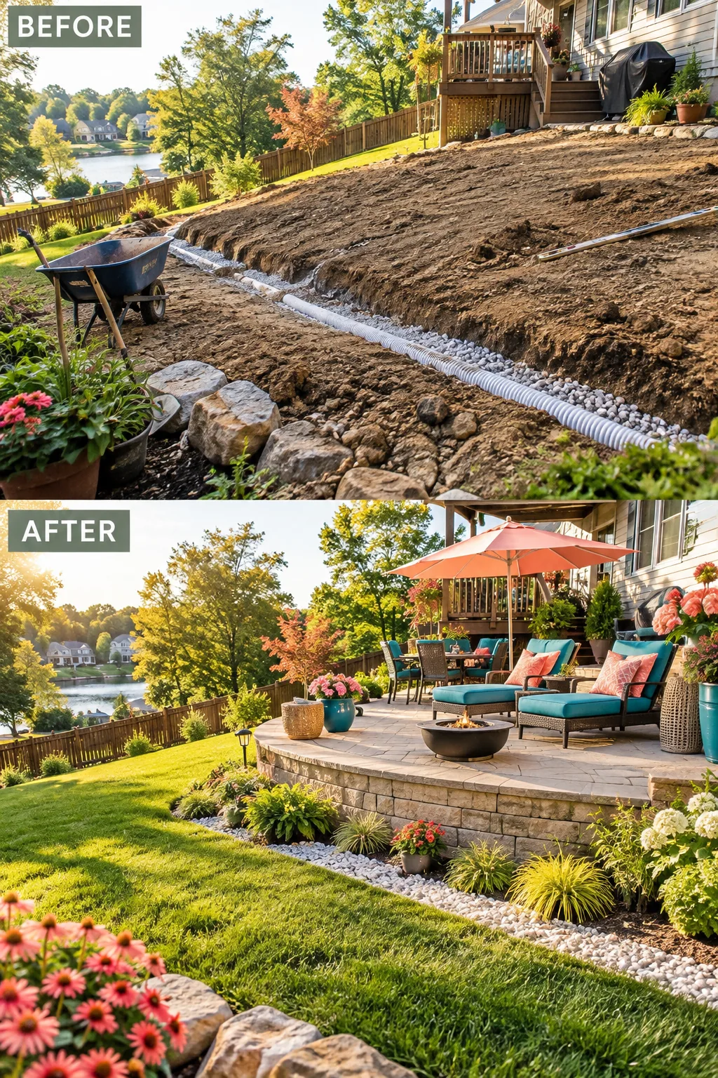 Gravel trench with a perforated pipe being installed across a sloped yard to catch water runoff