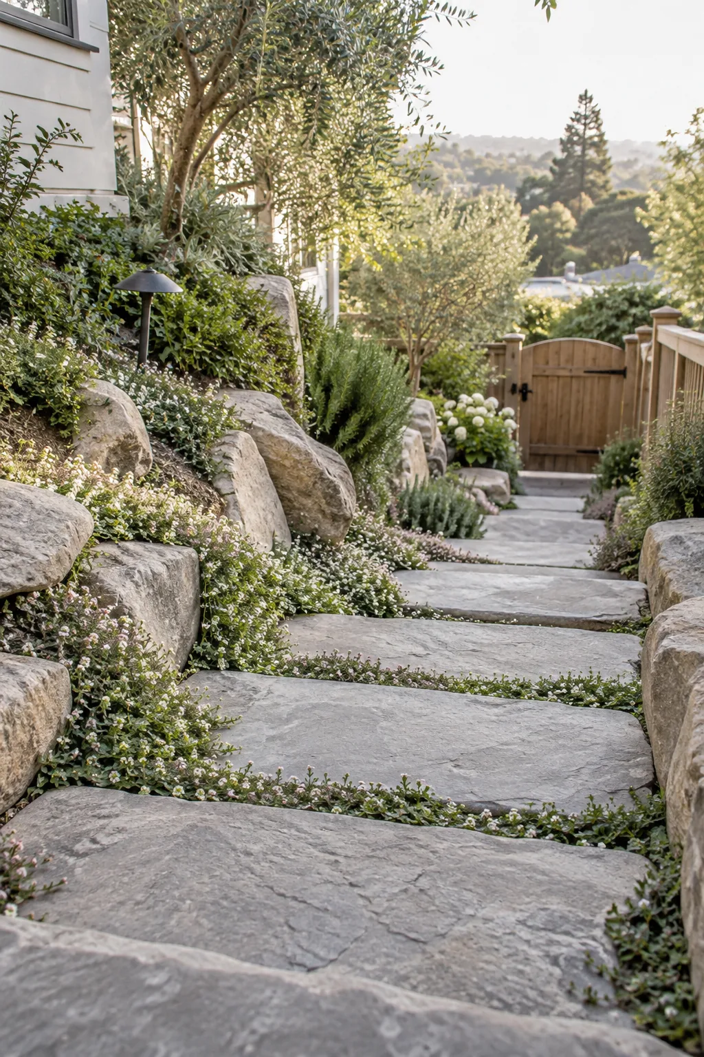 Steep side yard transformed with wide flat flagstone steps surrounded by creeping thyme
