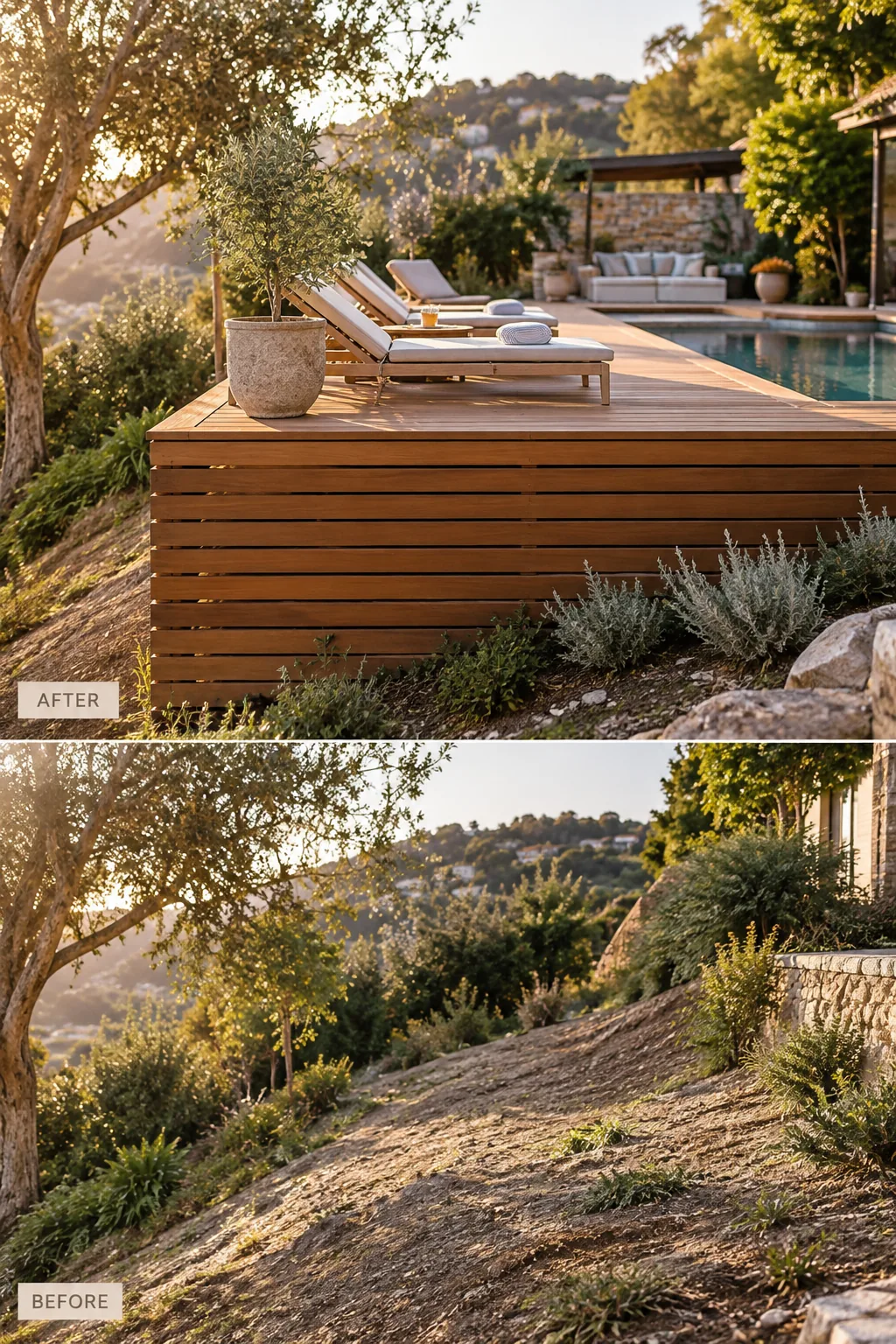 Large flat wooden deck built over a sloping backyard, level with the top of the hill
