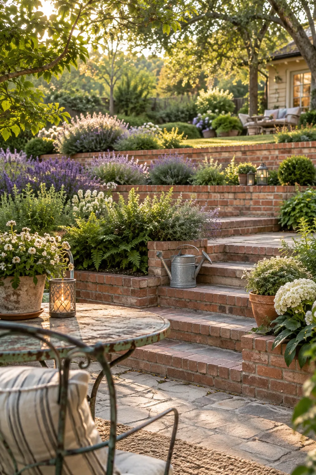 Three short brick retaining walls stepping down a steep yard, creating flat planting beds between them